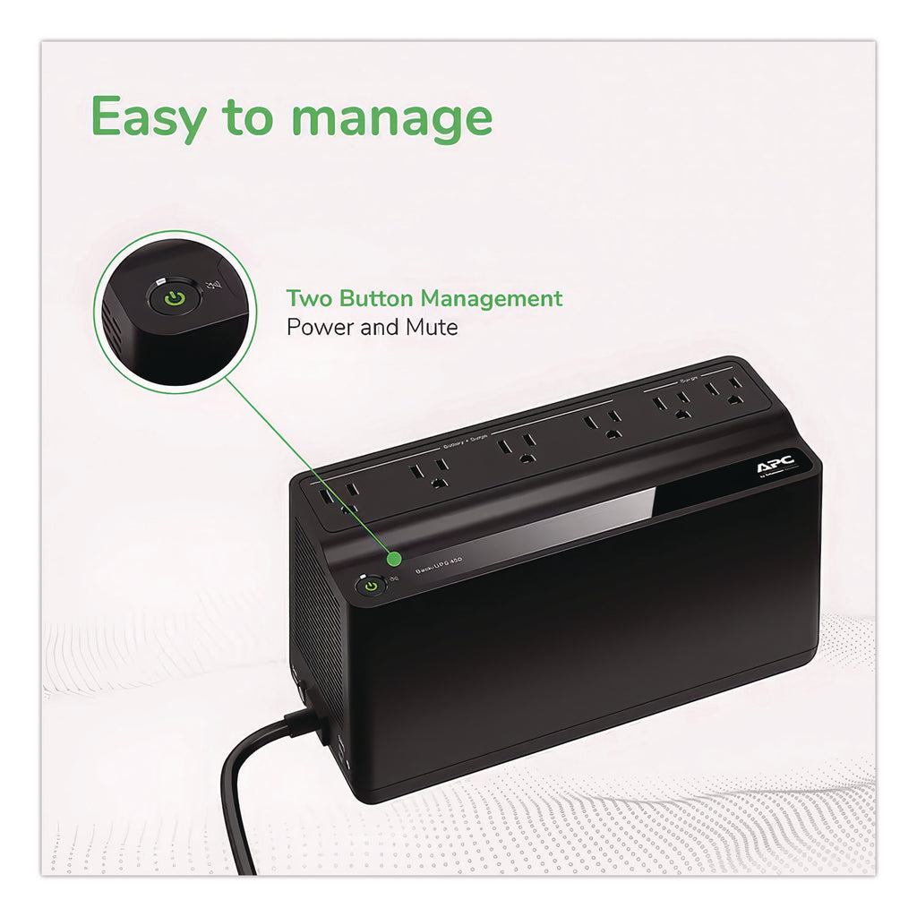 BN450M Back-UPS 450 VA Battery Backup System, 6 Outlets, 450 VA, 180 J