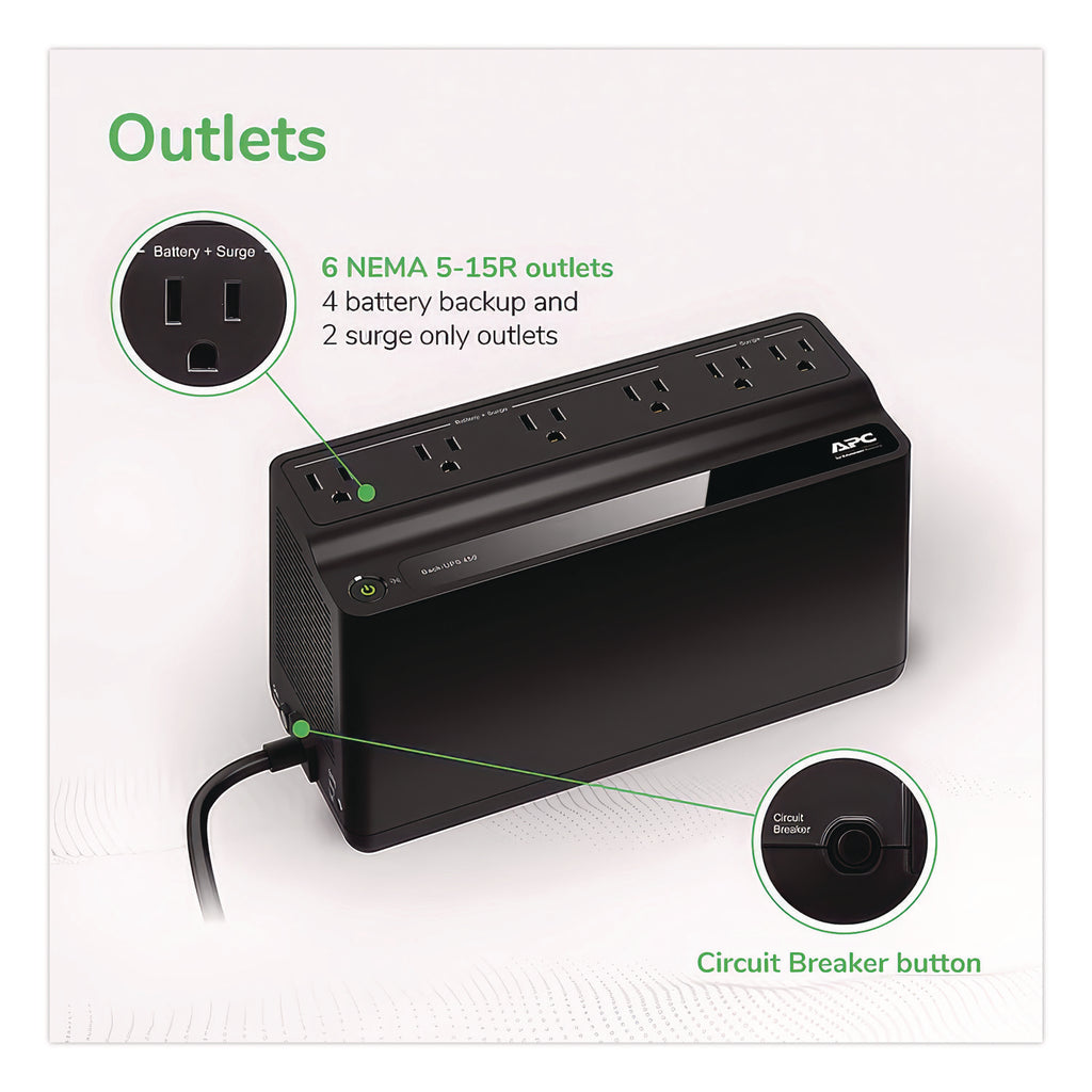 BN450M Back-UPS 450 VA Battery Backup System, 6 Outlets, 450 VA, 180 J