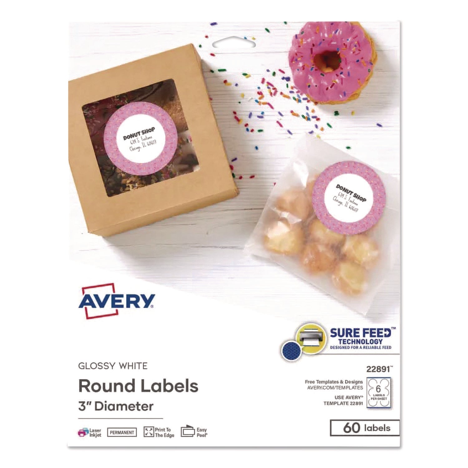 Avery Glossy White Labels, 3" Round, 60 Labels (22891) - - Height3" Diameter - Permanent Adhesive - Round - Gloss White - 6 / Sheet - 60 / Pack - Jam-free, Stick & Stay, Smudge Proof, Foldable