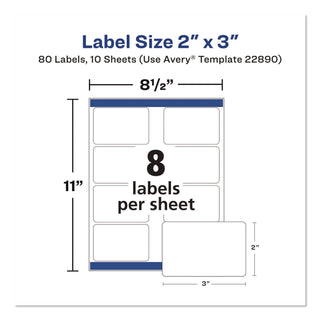 Avery Glossy White Labels, 2" x 3" , 80 Labels (22890) - 2" Height x 3" Width - Permanent Adhesive - Rectangle - Gloss White - 8 / Sheet - 80 / Pack - Jam-free, Stick & Stay, Smudge Proof, Foldable