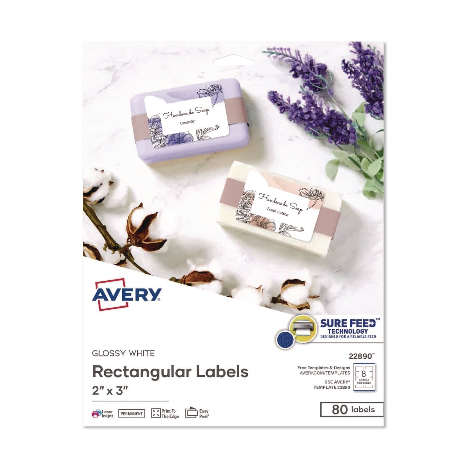 Avery Glossy White Labels, 2" x 3" , 80 Labels (22890) - 2" Height x 3" Width - Permanent Adhesive - Rectangle - Gloss White - 8 / Sheet - 80 / Pack - Jam-free, Stick & Stay, Smudge Proof, Foldable