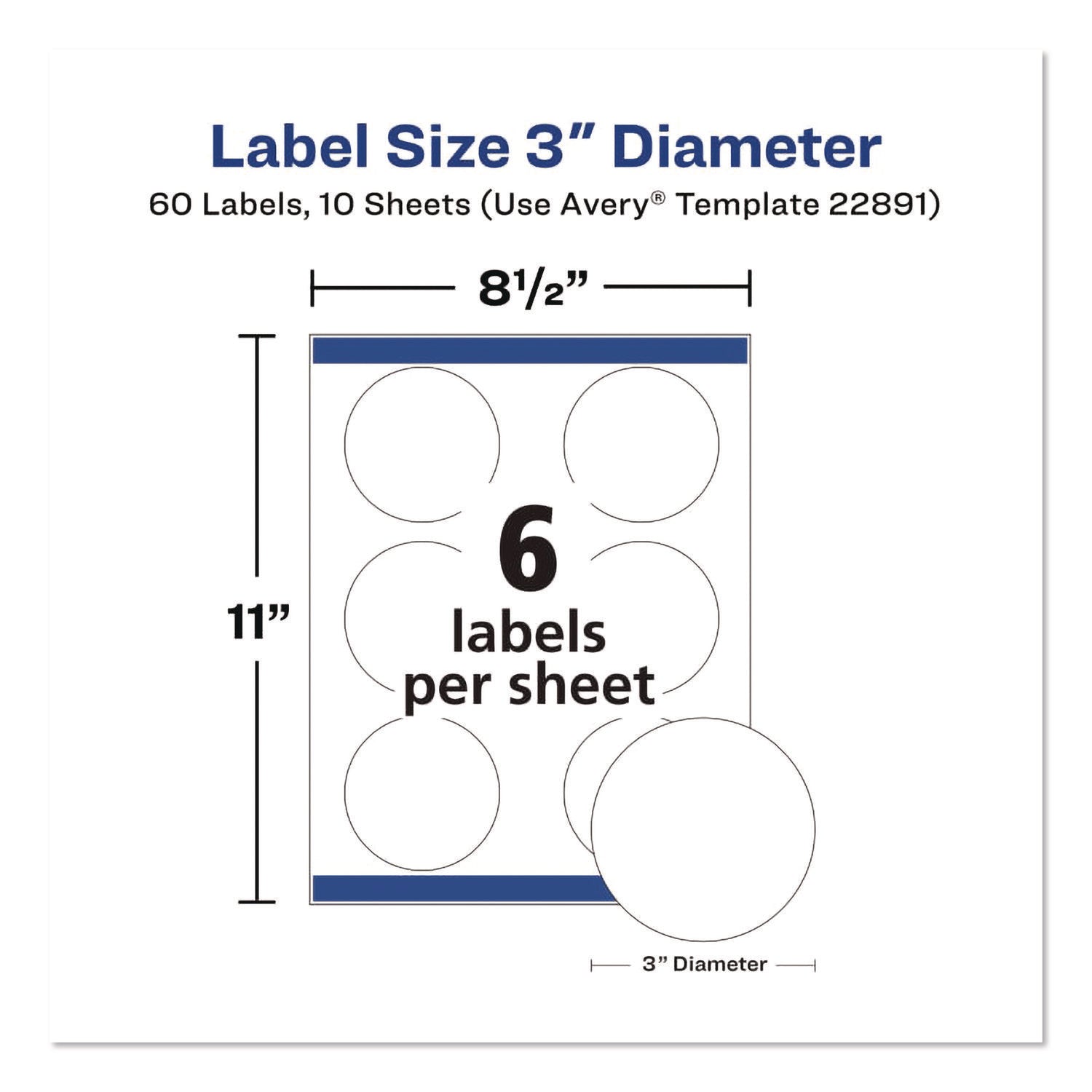 Avery Glossy White Labels, 3" Round, 60 Labels (22891) - - Height3" Diameter - Permanent Adhesive - Round - Gloss White - 6 / Sheet - 60 / Pack - Jam-free, Stick & Stay, Smudge Proof, Foldable