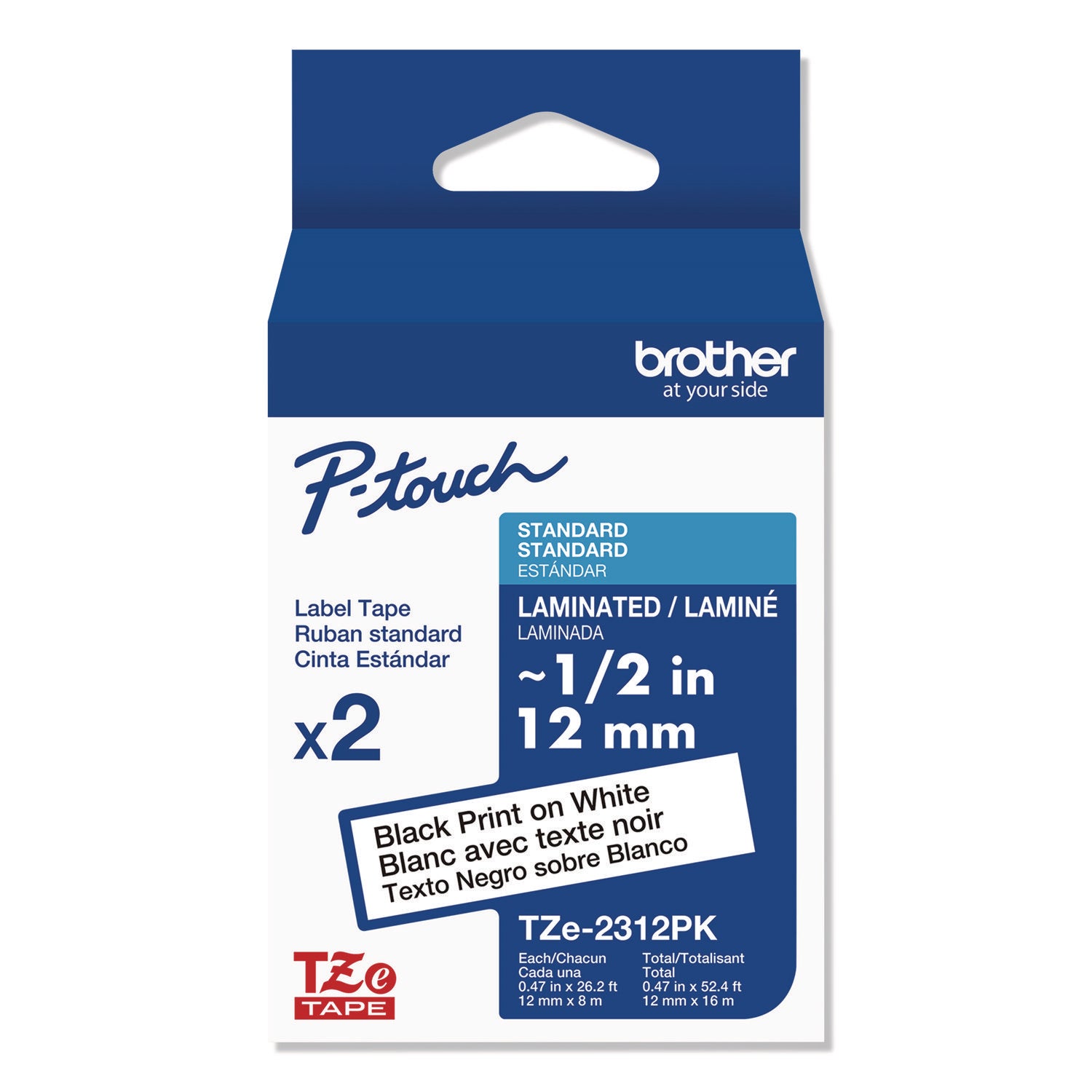 TZe Standard Adhesive Laminated Labeling Tapes, 0.47" x 26.2 ft, Black on White, 2/Pack