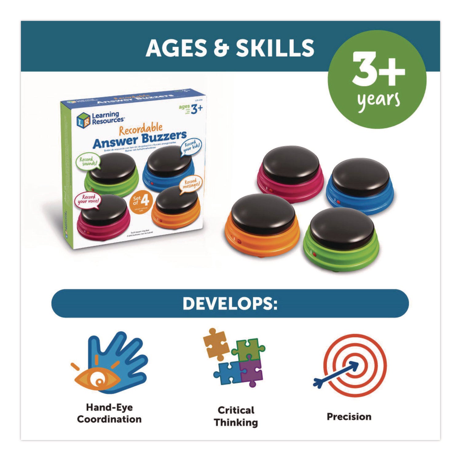 Learning Resources Recordable Answer Buzzers - Theme/Subject: Learning - Skill Learning: Sound, Game - 4 Pieces - 3+ - 4 / Pack