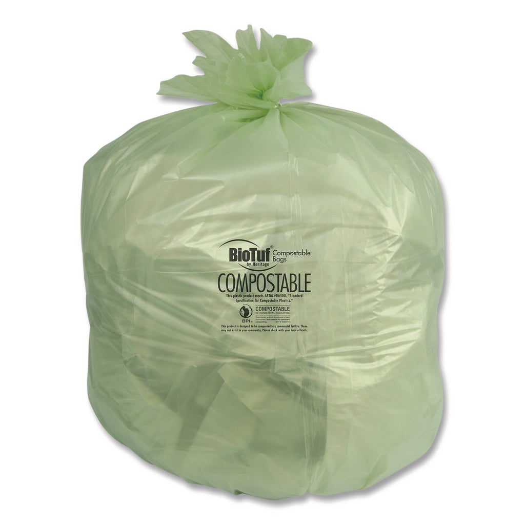 Biotuf Compostable Can Liners, 23 to 30 gal, 1 mil, 28" x 45", Green, 25 Bags/Roll, 5 Rolls/Carton