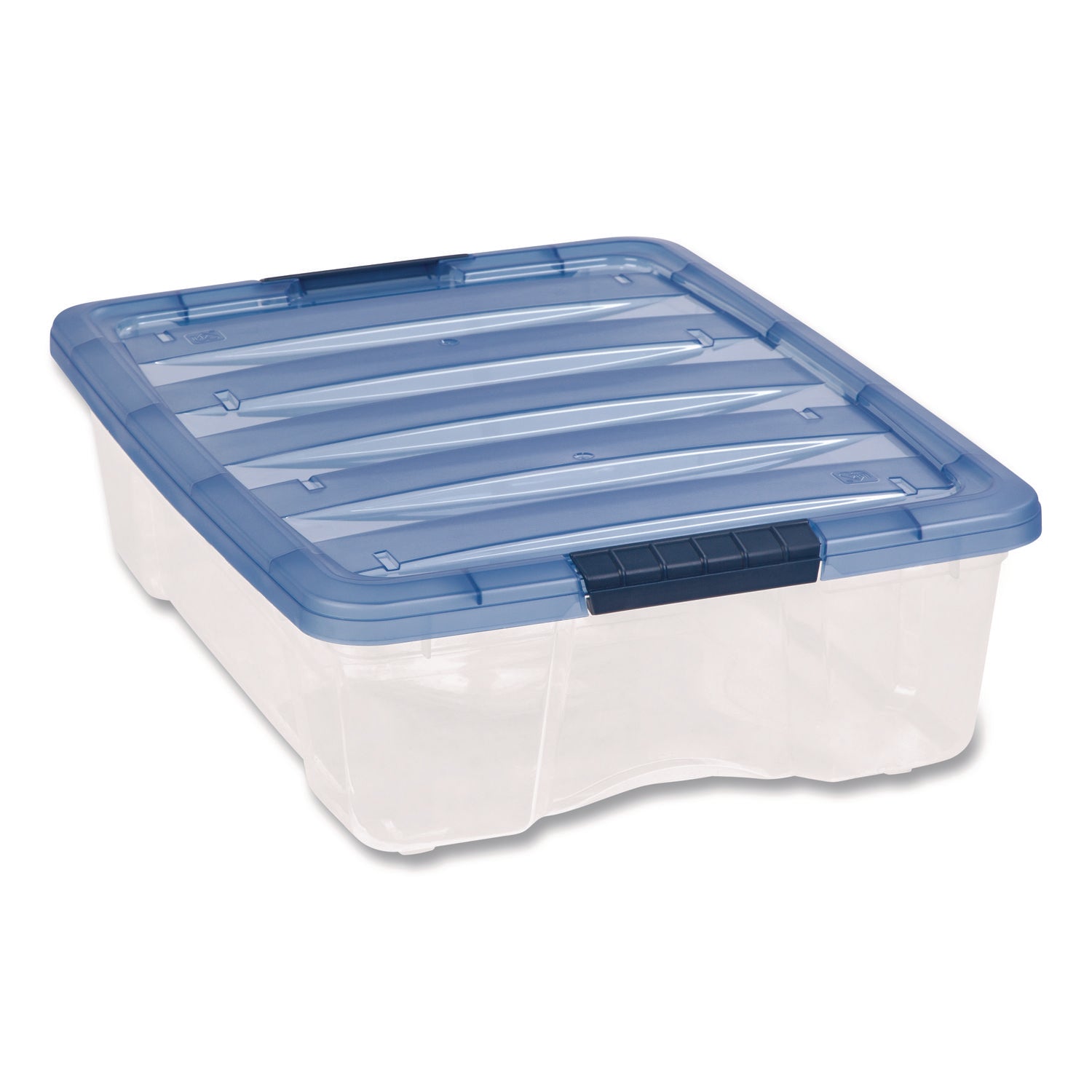 Stack and Pull Latching Flat Lid Storage Box, 6.73 gal, 16.5" x 22" x 6.5", Clear/Translucent Blue