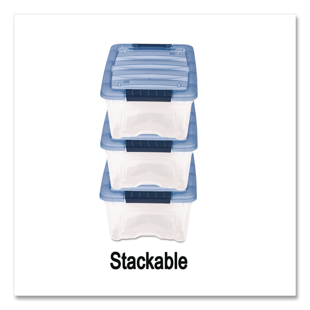 Stack and Pull Latching Flat Lid Storage Box, 3.23 gal, 10.9" x 16.5" x 6.5", Clear/Translucent Blue