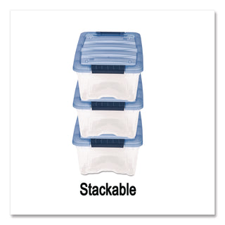 Stack and Pull Latching Flat Lid Storage Box, 3.23 gal, 10.9" x 16.5" x 6.5", Clear/Translucent Blue