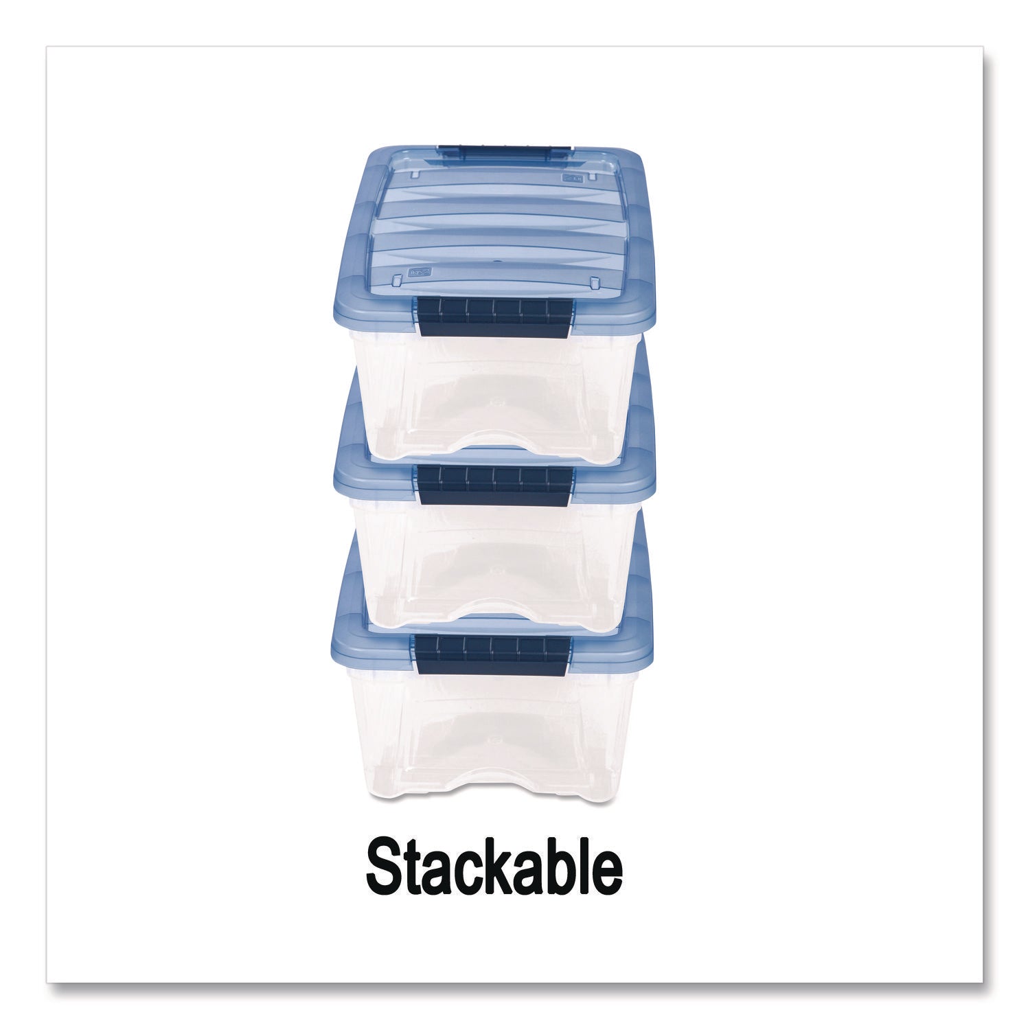 Stack and Pull Latching Flat Lid Storage Box, 3.23 gal, 10.9" x 16.5" x 6.5", Clear/Translucent Blue
