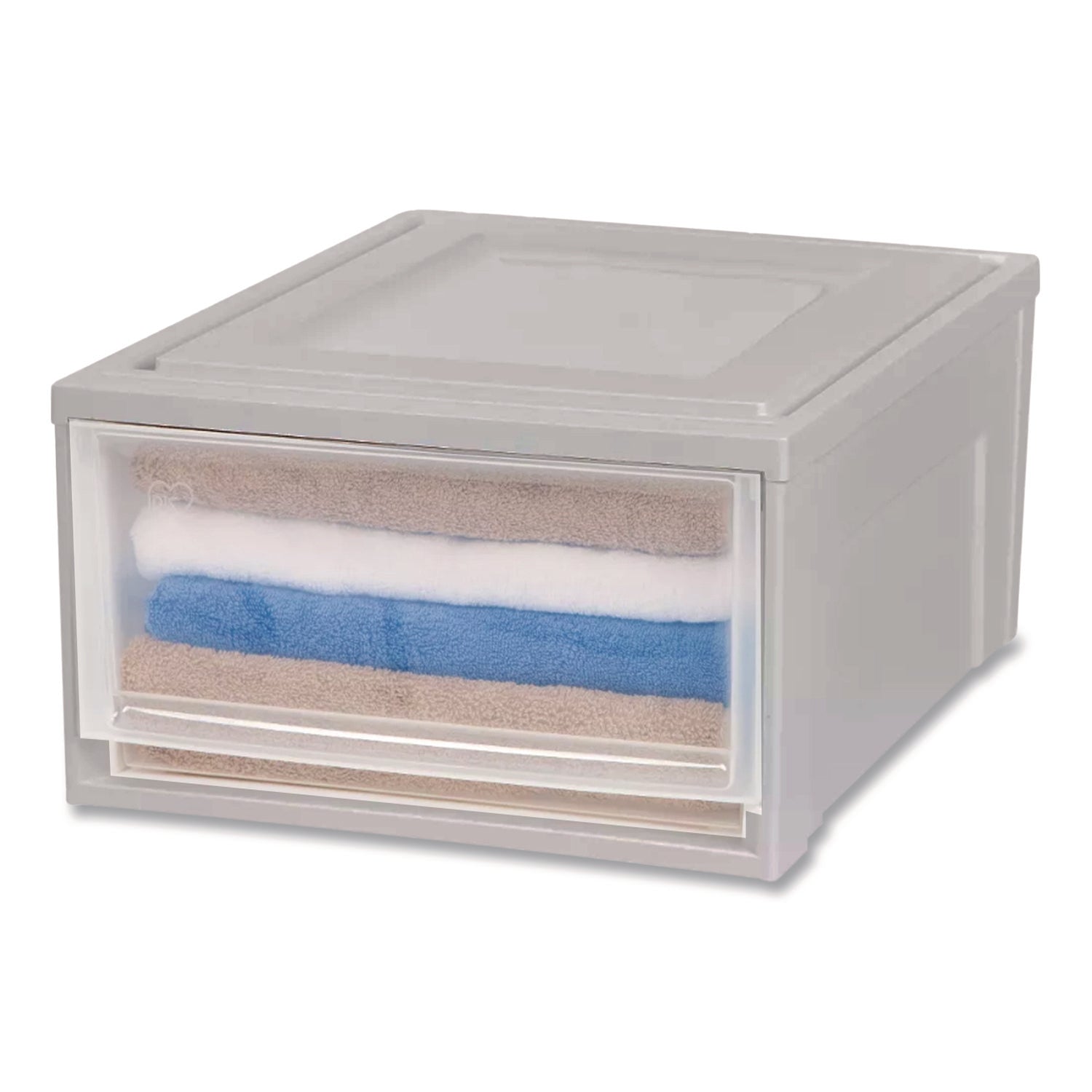 Stackable Storage Drawer, 10.85 gal, 15.75" x 19.62" x 11.5", Gray/Translucent Frost