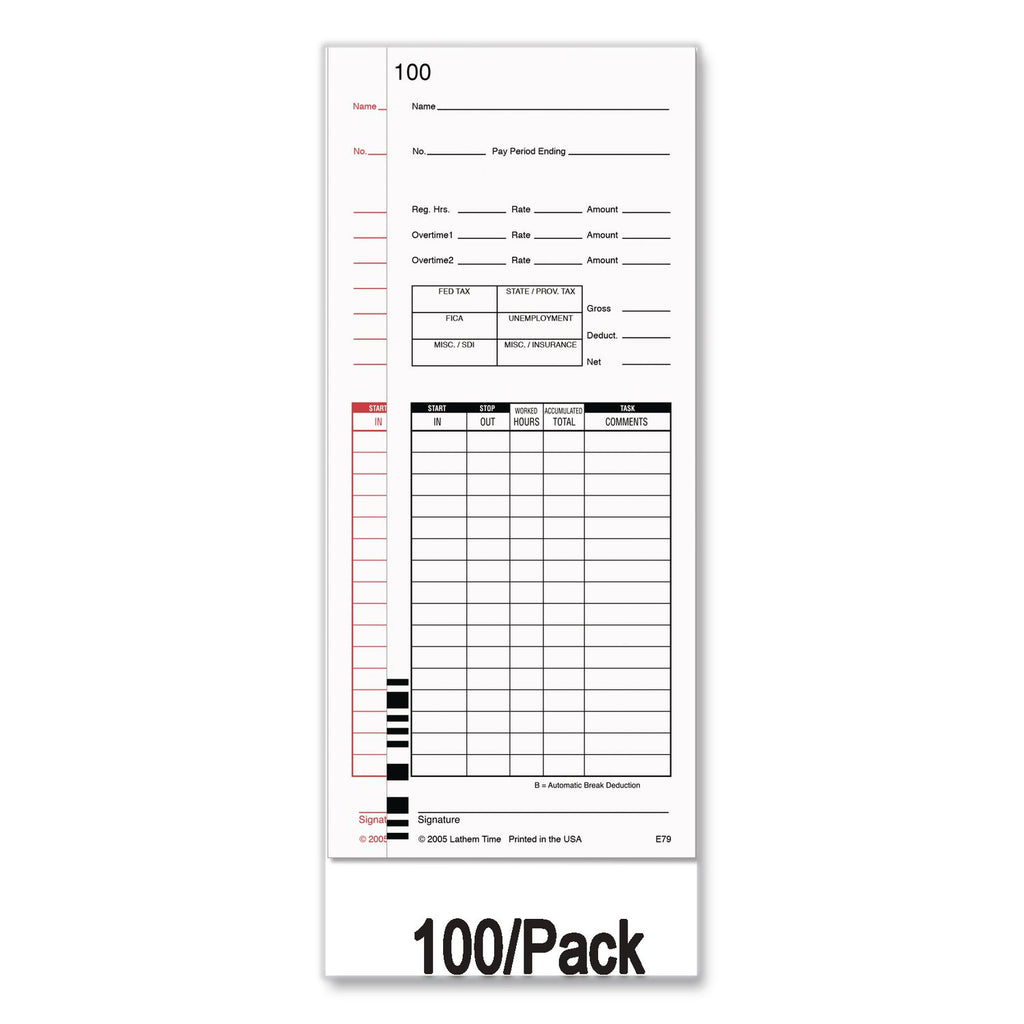 Time Clock Cards for Lathem Time 7000E/7500E, Two Sides, 3.38 x 8.78, 100/Pack