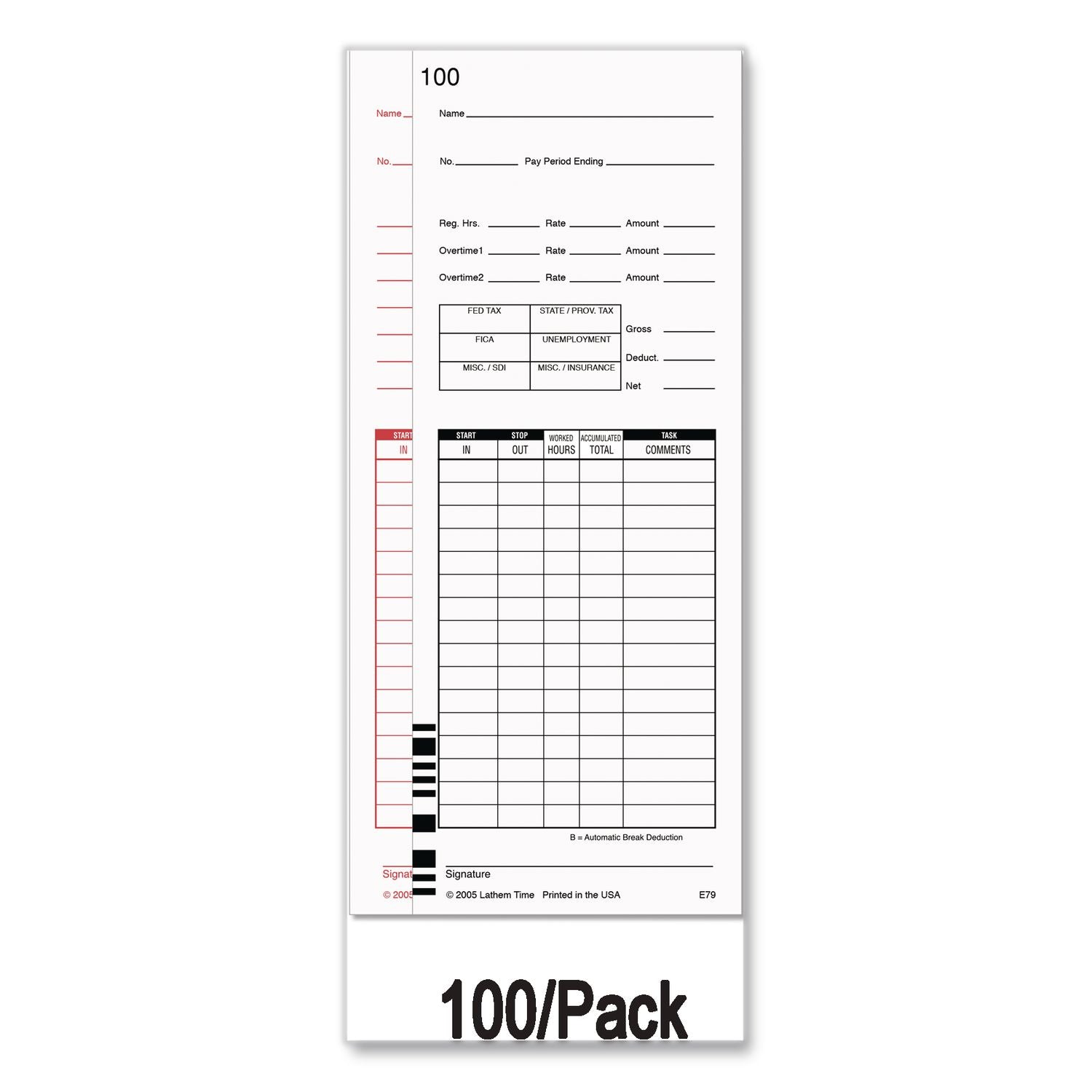 Time Clock Cards for Lathem Time 7000E/7500E, Two Sides, 3.38 x 8.78, 100/Pack