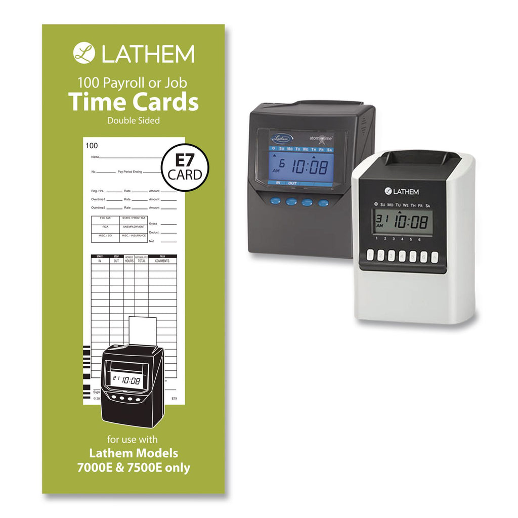 Time Clock Cards for Lathem Time 7000E/7500E, Two Sides, 3.38 x 8.78, 100/Pack