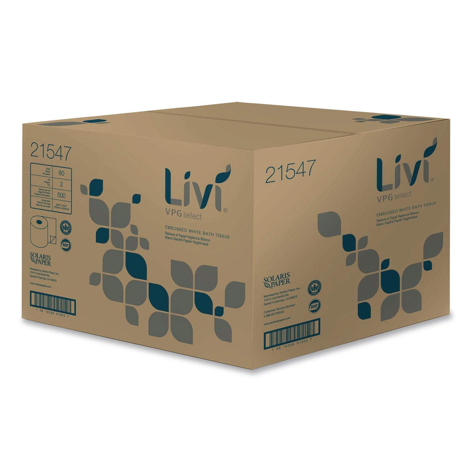 Livi VPG Select Bath Tissue - 2 Ply - 3.75" x 4.06" - 500 Sheets/Roll - 1.77" Core - White - Fiber - Embossed, Soft, Absorbent, Eco-friendly - For Bathroom, Office Building, Restroom, Industry - 80 / Carton
