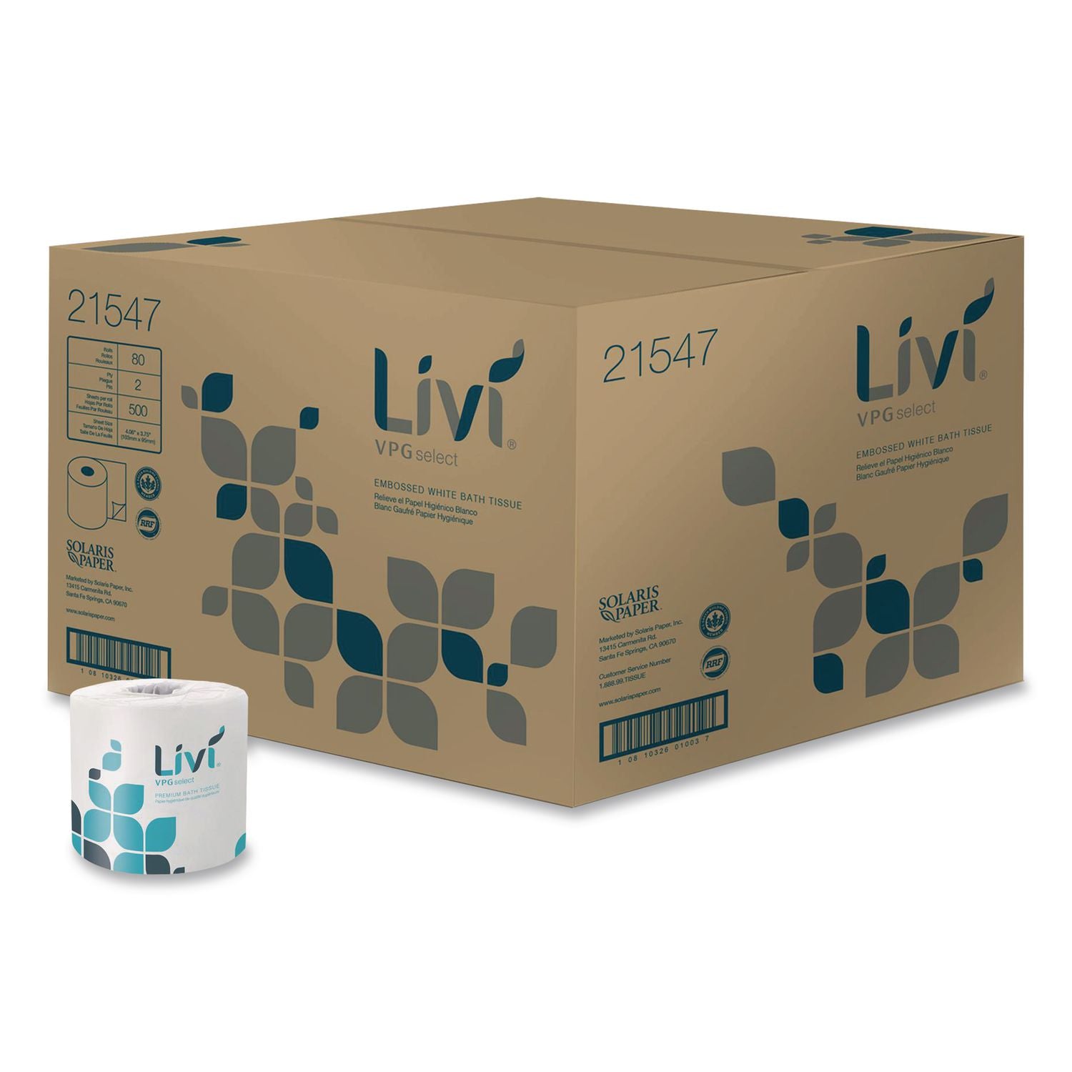 Livi VPG Select Bath Tissue - 2 Ply - 3.75" x 4.06" - 500 Sheets/Roll - 1.77" Core - White - Fiber - Embossed, Soft, Absorbent, Eco-friendly - For Bathroom, Office Building, Restroom, Industry - 80 / Carton