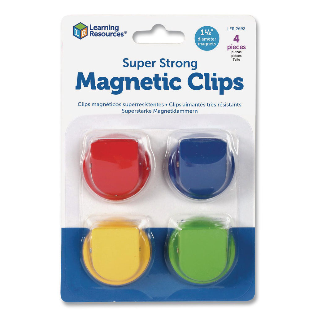 Learning Resources Super Strong Magnetic Clips Set - 1.5" Diameter - 50 Sheet Capacity - for Whiteboard, Folder - 4 / Pack - Assorted