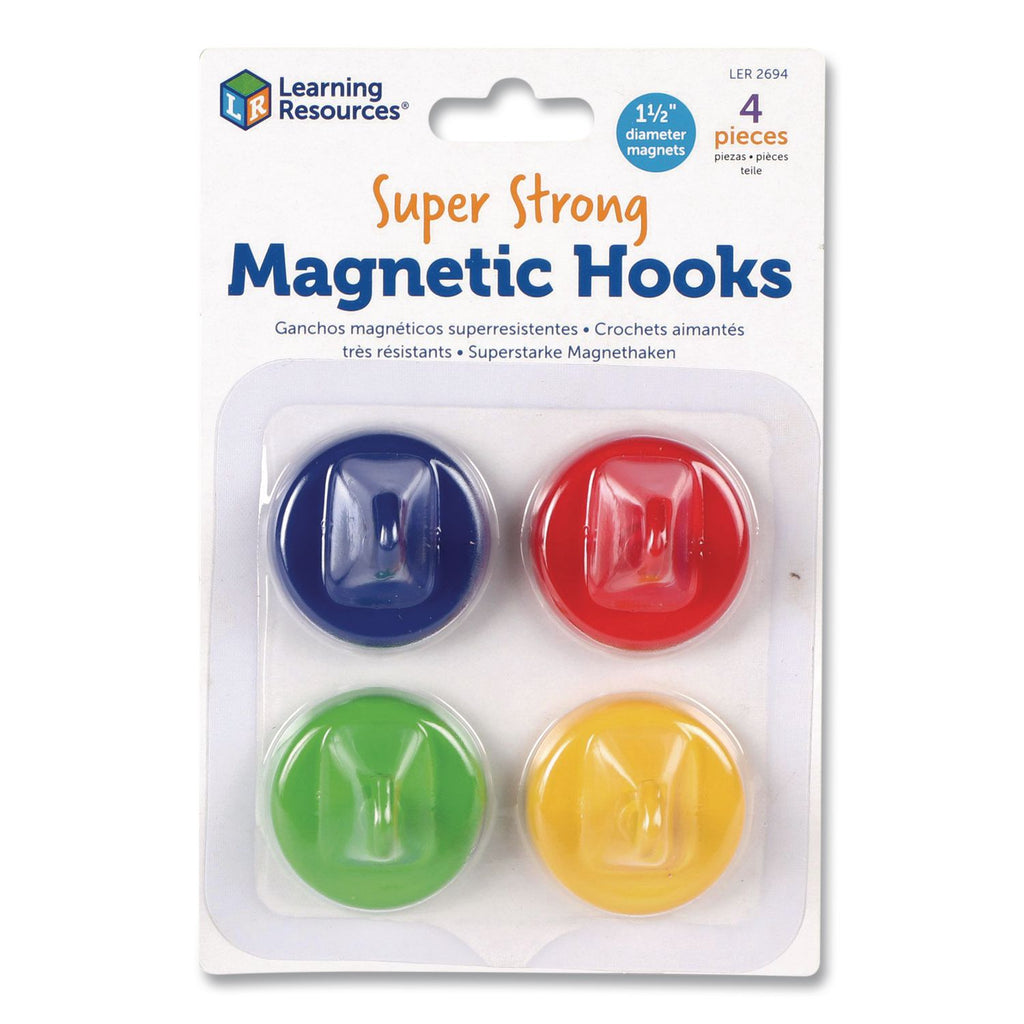 Learning Resources Super Strong Magnetic Hooks Set - for Pocket Chart, Flip Book, Hall Pass, Decoration - Metal - Red, Blue, Green, Yellow - 4 / Pack