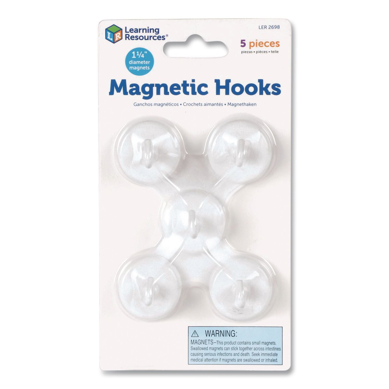 Learning Resources Original Magnetic Hooks - 13 lb (5.90 kg) Capacity - for Pocket Chart, Flip Book, Hall Pass, Decoration - White - 5 / Pack