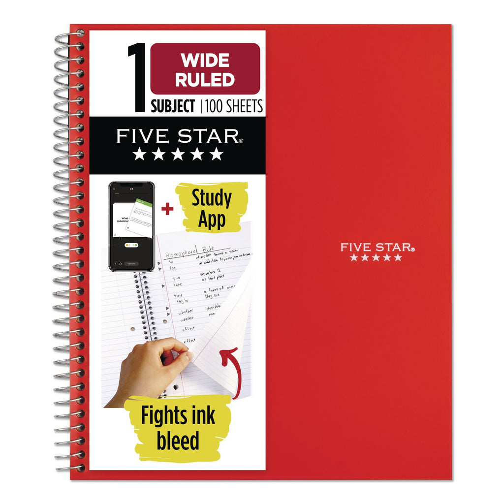Wirebound Notebook with Two Pockets, 1-Subject, Wide/Legal Rule, Red Cover, (100) 10.5" x 8" Sheets