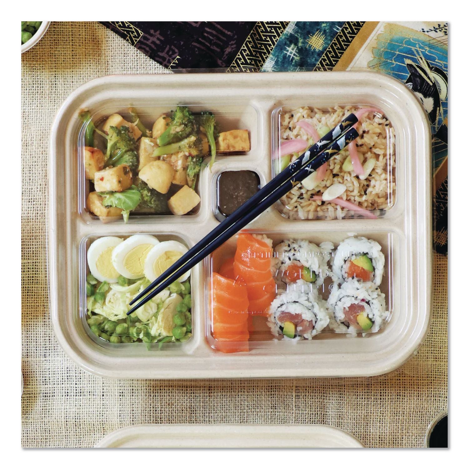 PLA Lids for Fiber Bento Box Containers, Five Compartments, 12.1 x 9.8 x 0.8, Clear, Plastic, 300/Carton