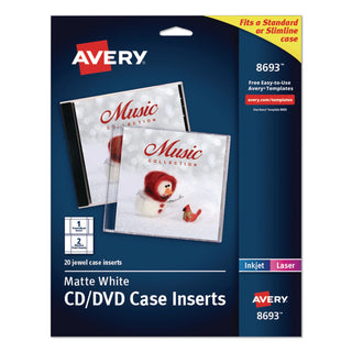 Inkjet CD/DVD Jewel Case Inserts, Matte White, 20/Pack