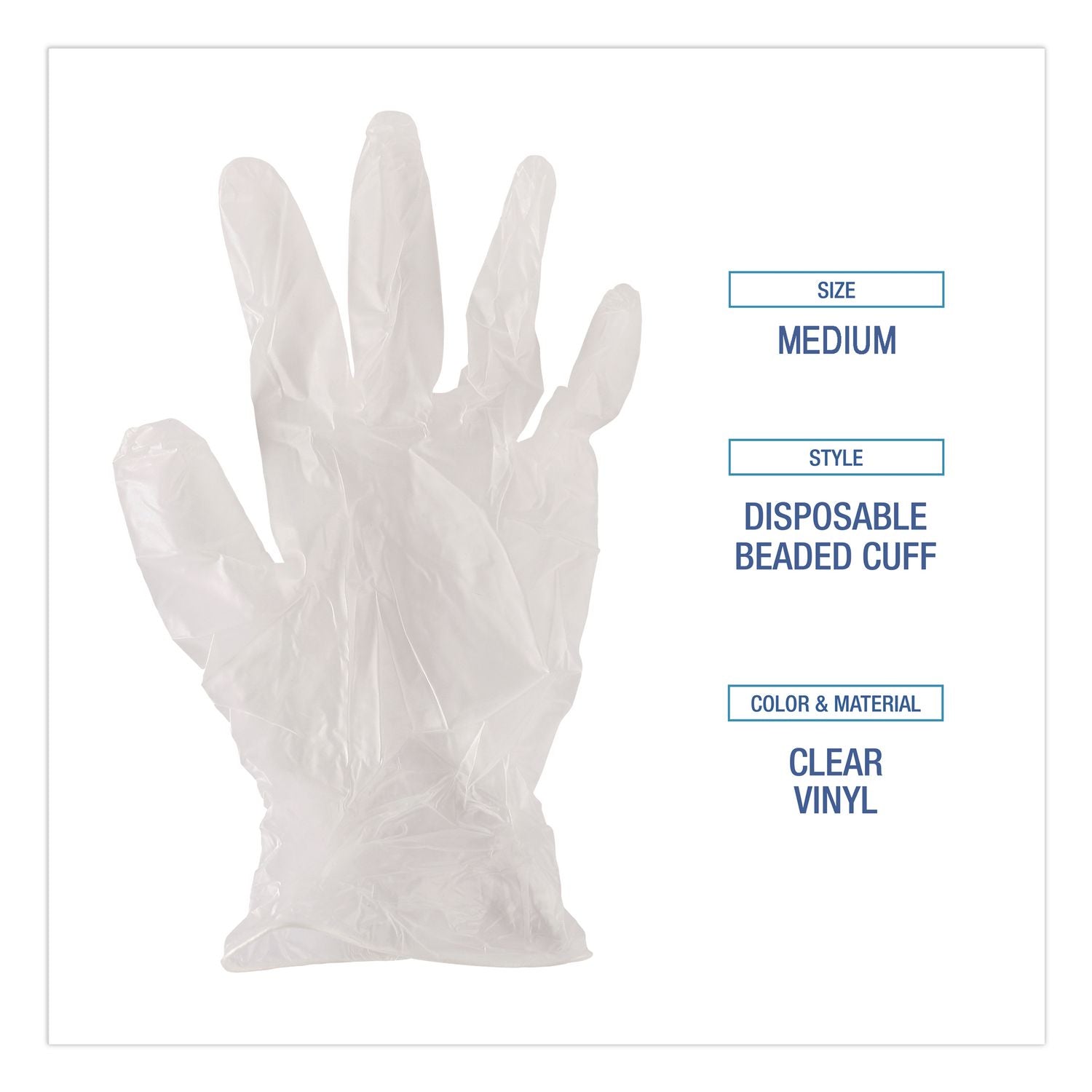 Exam Vinyl Gloves, Powder/Latex-Free, 3 3/5 mil, Clear, Medium, 100/Box