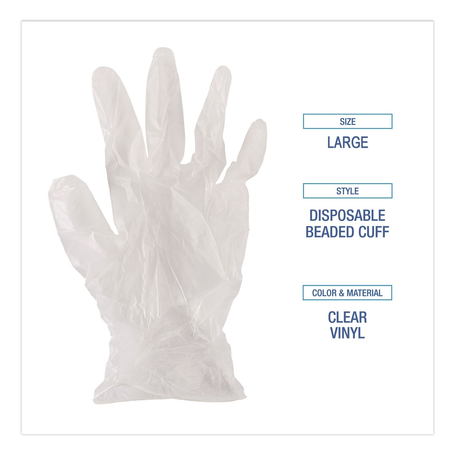 Exam Vinyl Gloves, Clear, Large, 3 3/5 mil, 100/Box, 10 Boxes/Carton