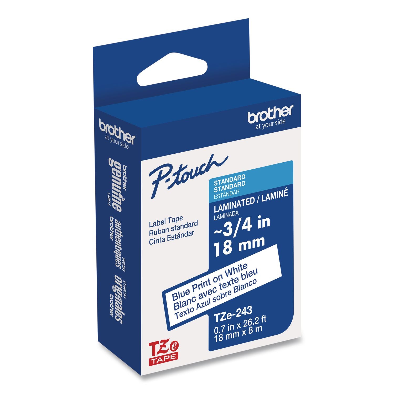 TZe Standard Adhesive Laminated Labeling Tape, 0.7" x 26.2 ft, Blue on White