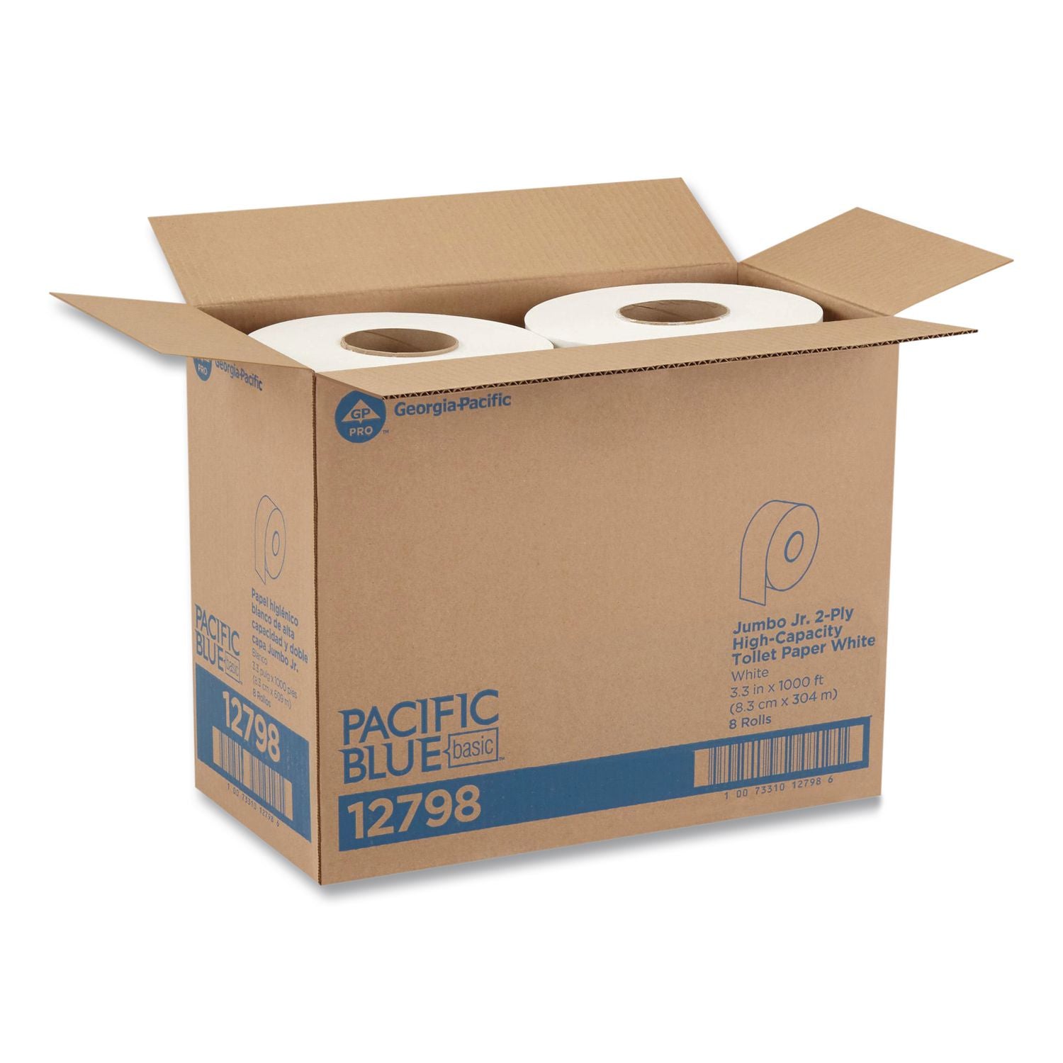 Jumbo Jr. Bathroom Tissue Roll, Septic Safe, 2-Ply, White, 3.5" x 1,000 ft, 8 Rolls/Carton