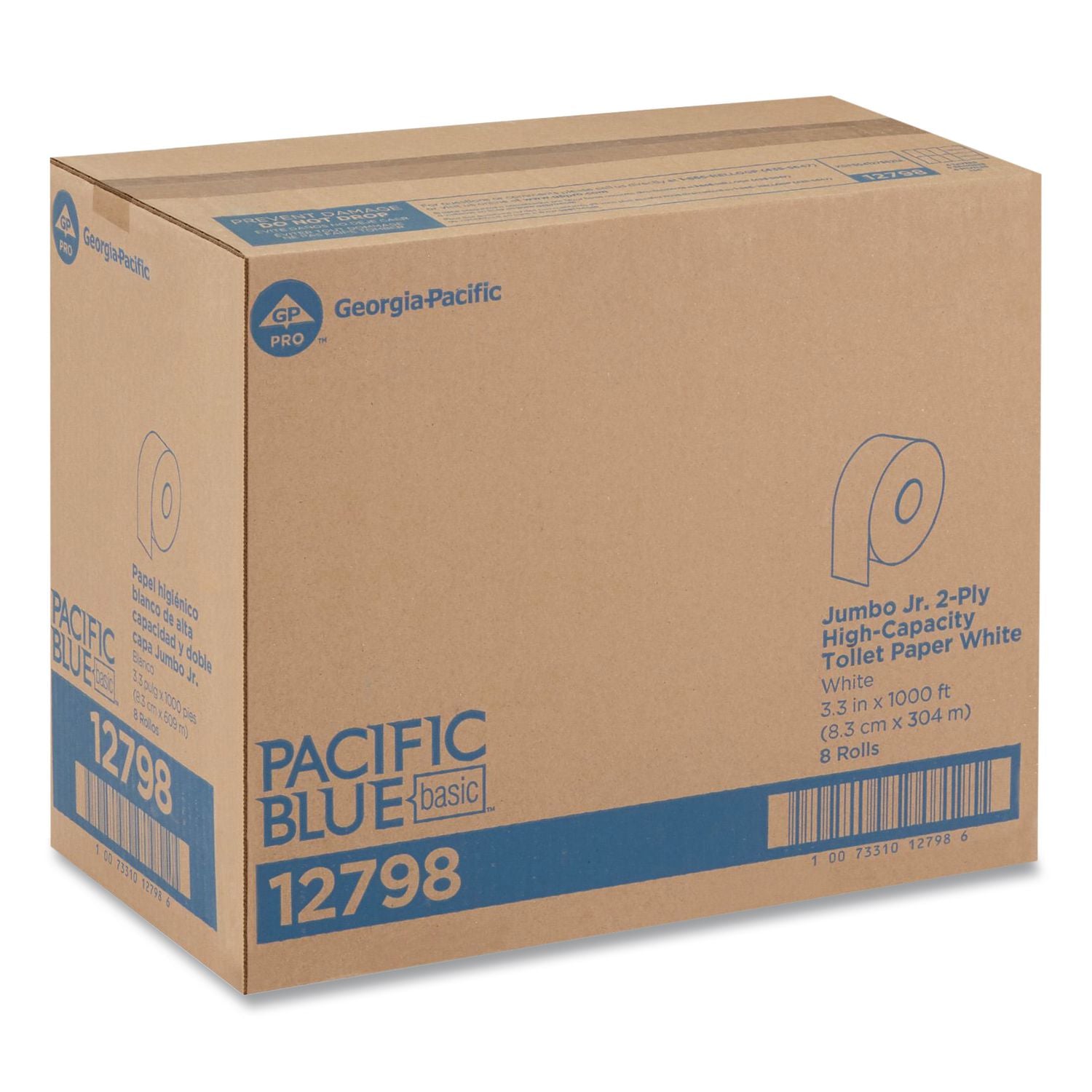 Jumbo Jr. Bathroom Tissue Roll, Septic Safe, 2-Ply, White, 3.5" x 1,000 ft, 8 Rolls/Carton