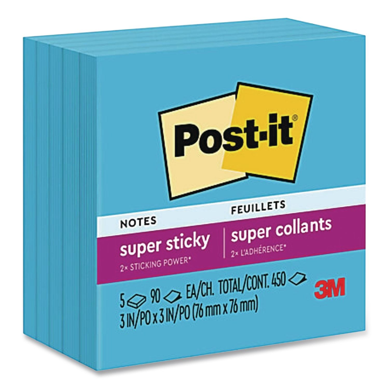 Self-Stick Notes, 3" x 3", Electric Blue, 90 Sheets/Pad, 5 Pads/Pack