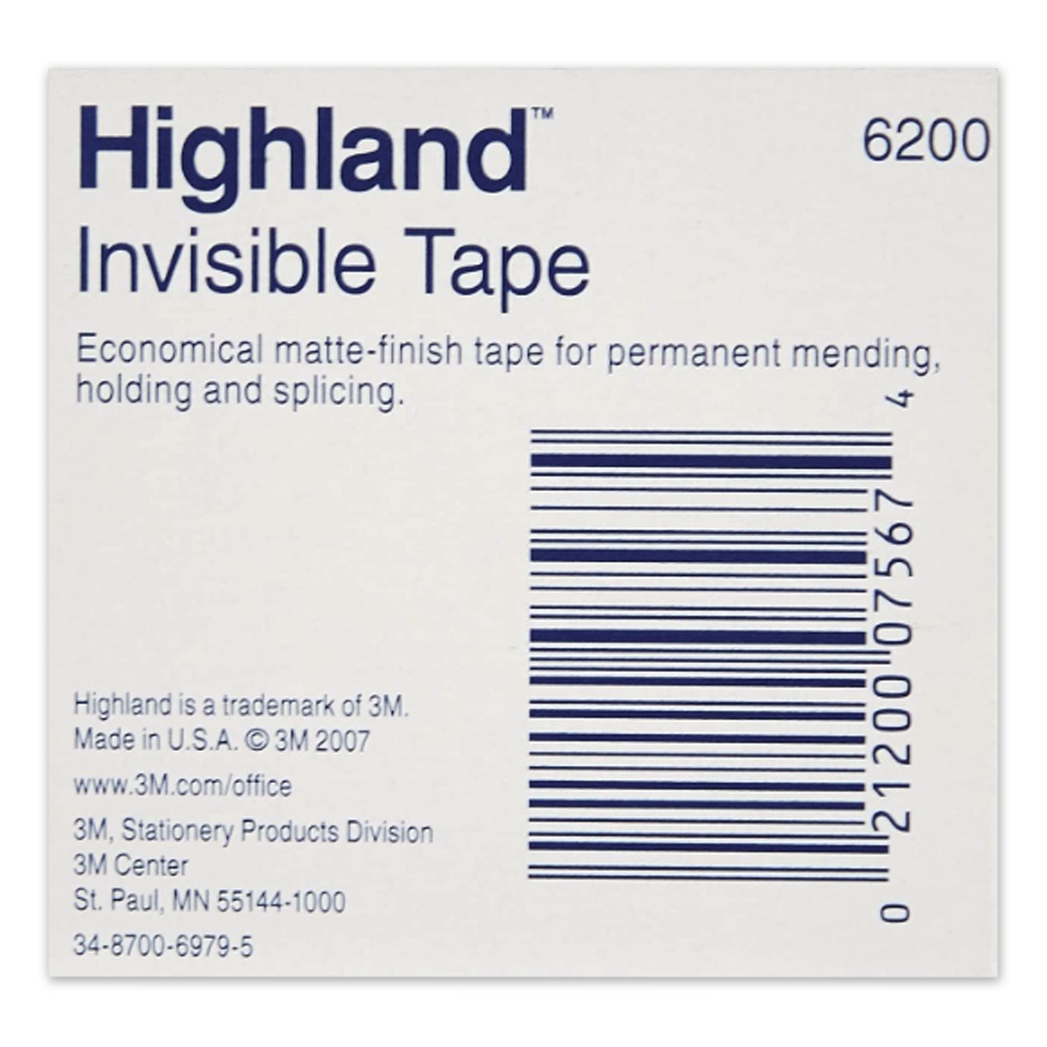 Invisible Permanent Mending Tape, 3" Core, 0.5" x 72 yds, Clear