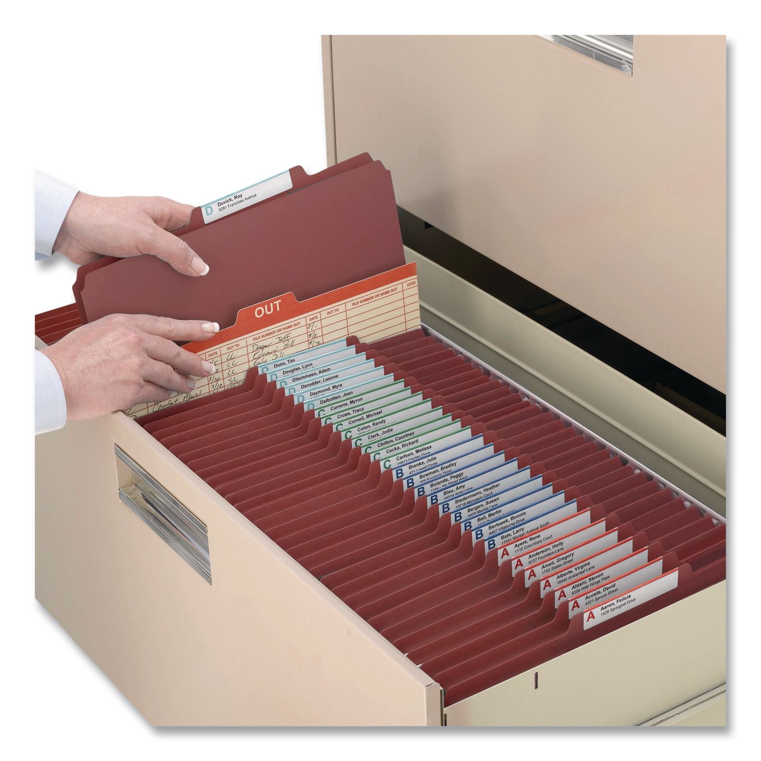 Pressboard Classification Folders, Four SafeSHIELD Fasteners, 2/5-Cut Tabs, 1 Divider, Letter Size, Red, 10/Box