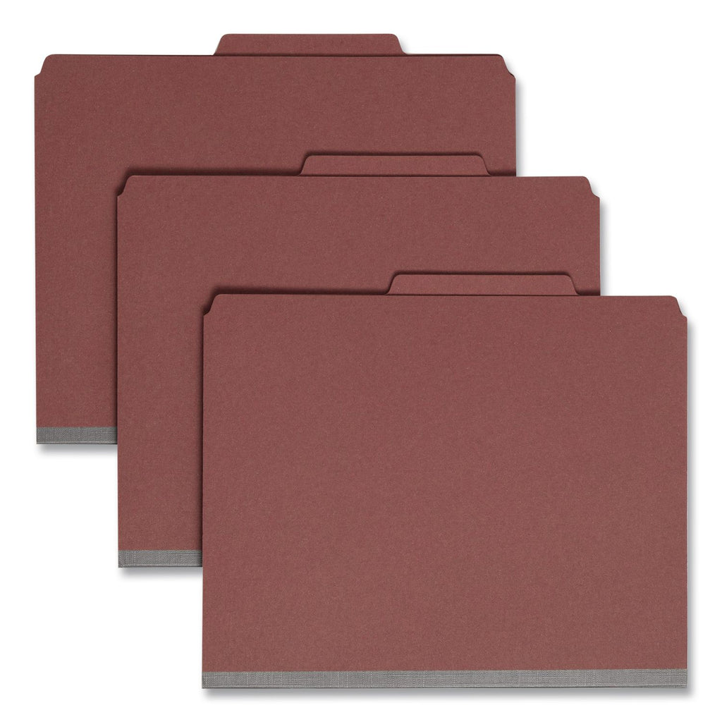 Pressboard Classification Folders, Four SafeSHIELD Fasteners, 2/5-Cut Tabs, 1 Divider, Letter Size, Red, 10/Box