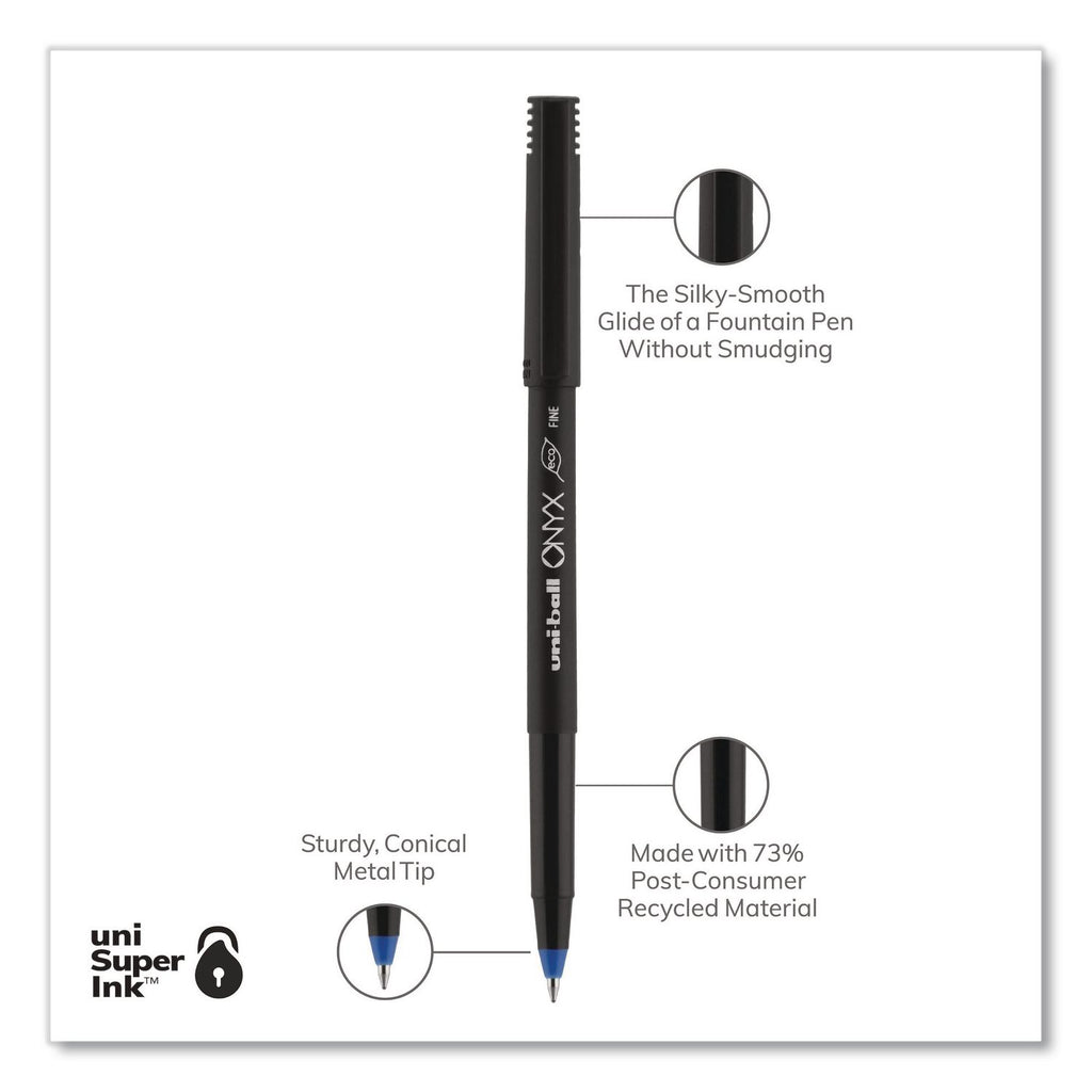 ONYX Roller Ball Pen, Stick, Fine 0.7 mm, Blue Ink, Black/Blue Barrel, 72/Pack