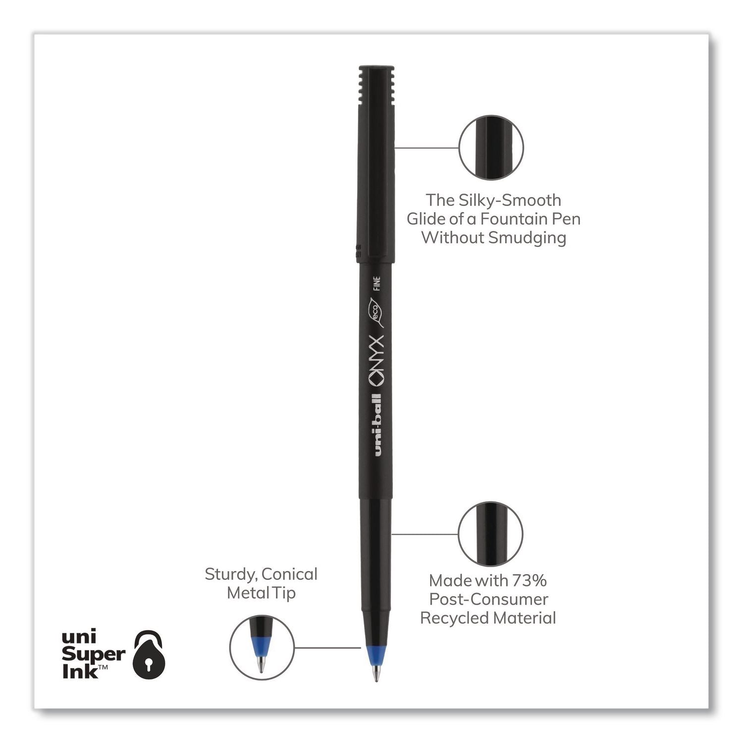 ONYX Roller Ball Pen, Stick, Fine 0.7 mm, Blue Ink, Black/Blue Barrel, 72/Pack