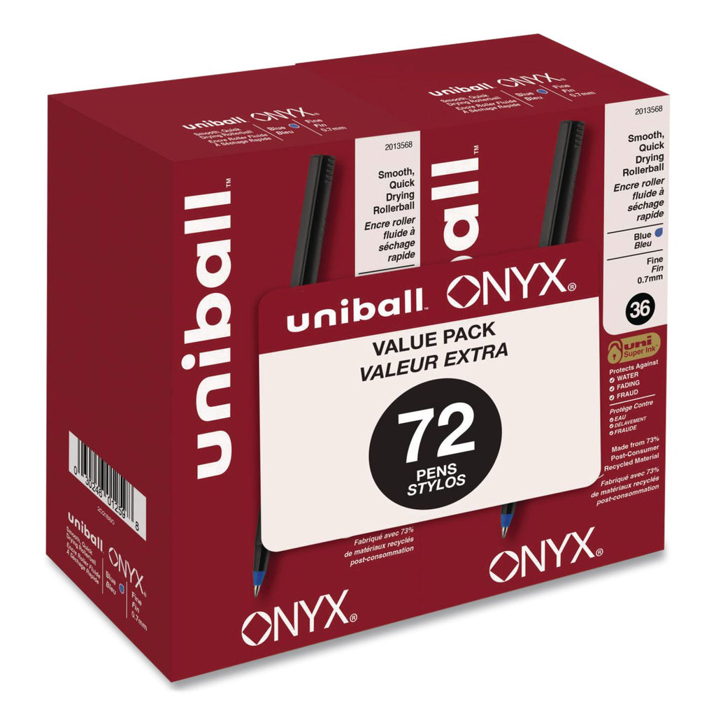 ONYX Roller Ball Pen, Stick, Fine 0.7 mm, Blue Ink, Black/Blue Barrel, 72/Pack