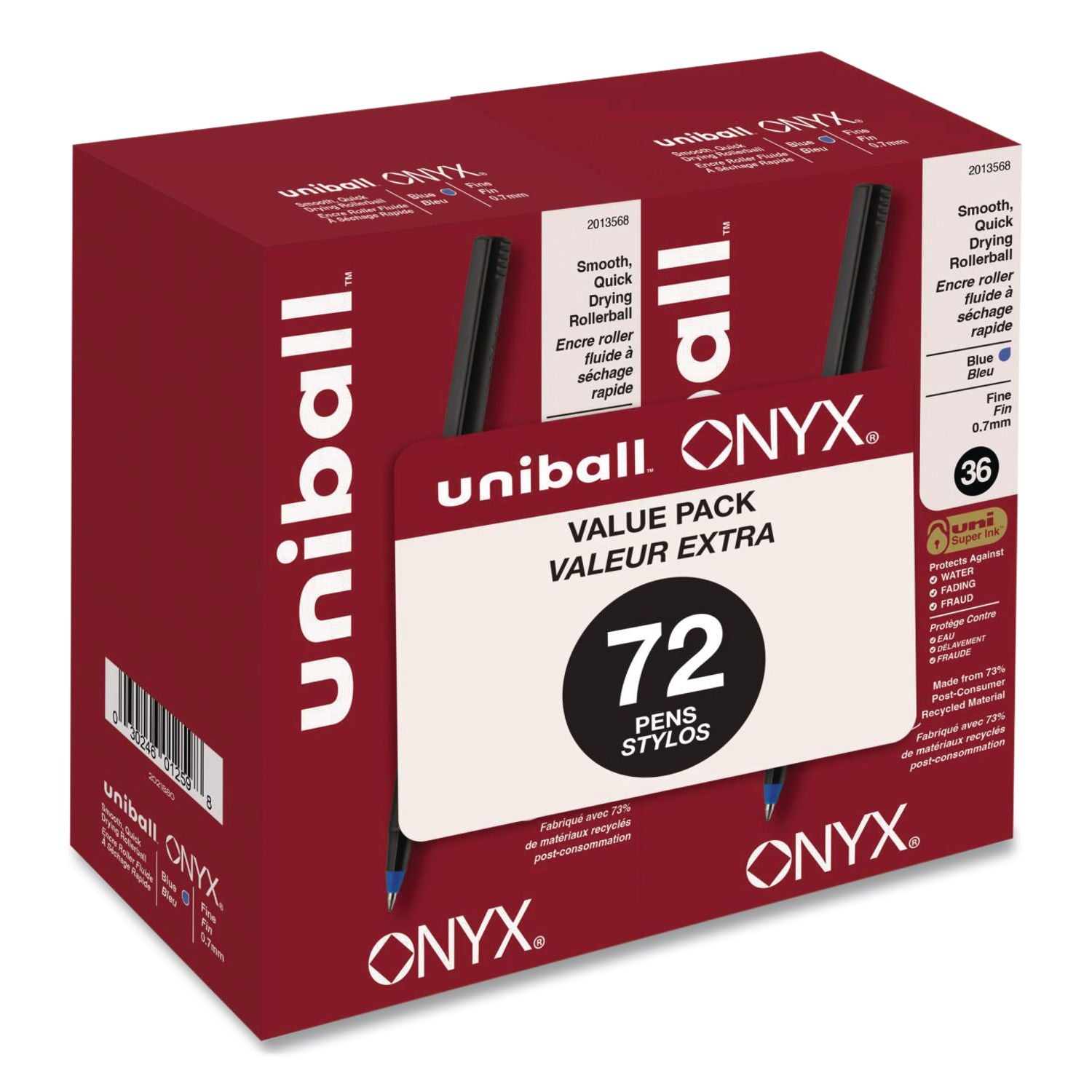 ONYX Roller Ball Pen, Stick, Fine 0.7 mm, Blue Ink, Black/Blue Barrel, 72/Pack