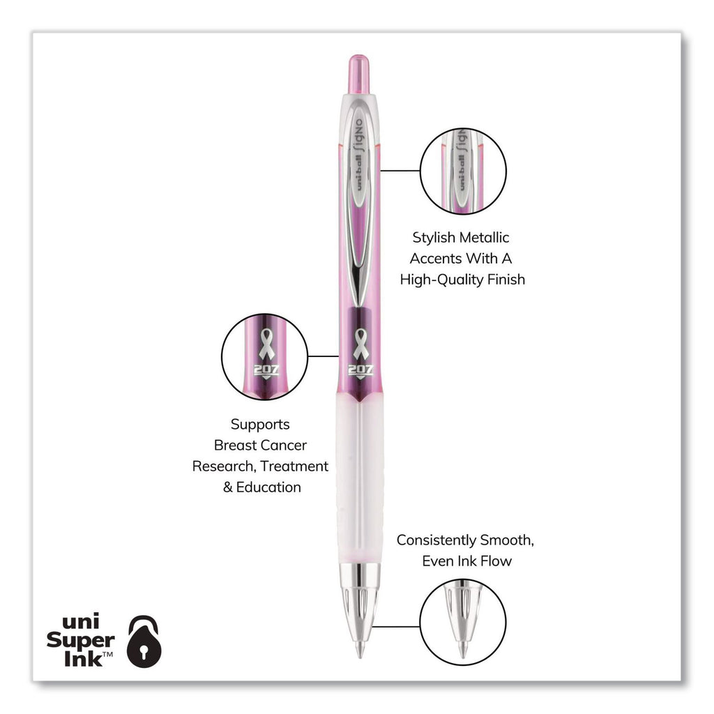 Signo 207 City of Hope Edition Gel Pen, Retractable, Bold 1 mm, Black Ink, Translucent Pink/Translucent White Barrel, Dozen
