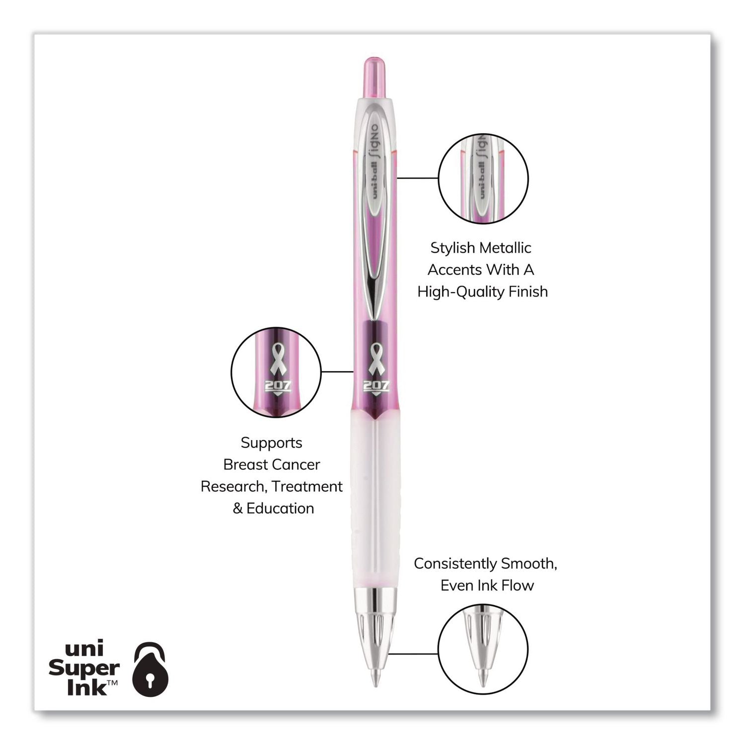 Signo 207 City of Hope Edition Gel Pen, Retractable, Bold 1 mm, Black Ink, Translucent Pink/Translucent White Barrel, Dozen