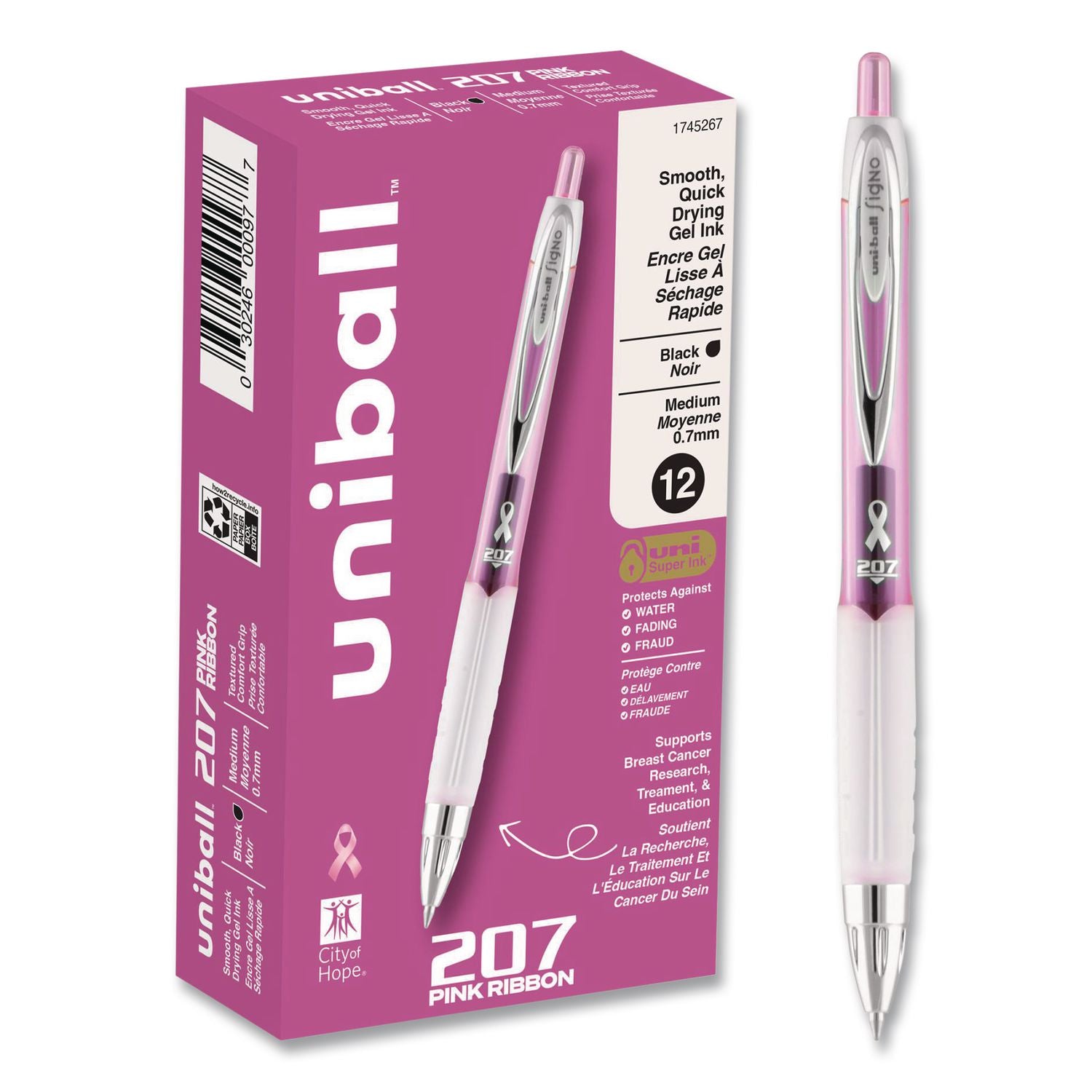 Signo 207 City of Hope Edition Gel Pen, Retractable, Bold 1 mm, Black Ink, Translucent Pink/Translucent White Barrel, Dozen