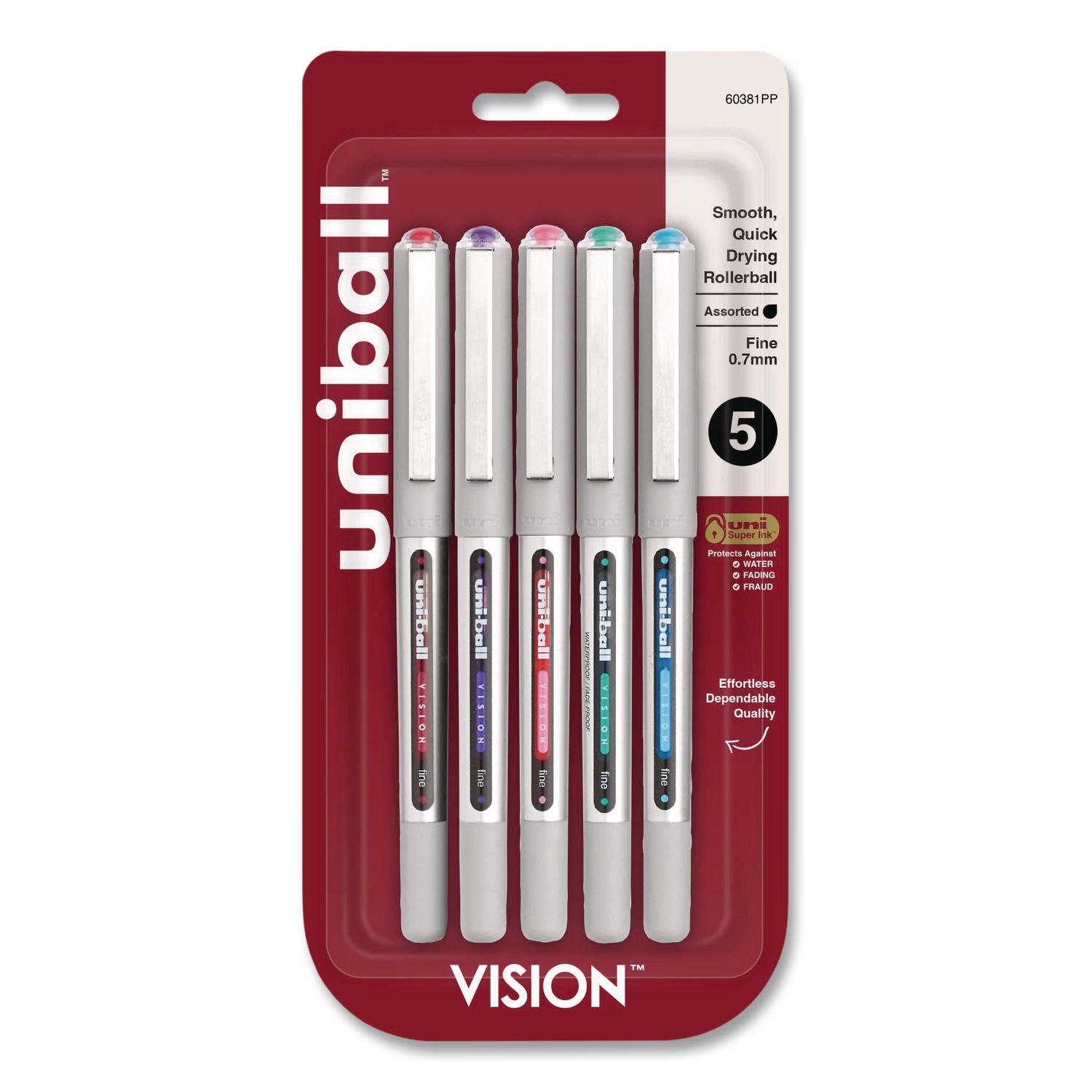 VISION Roller Ball Pen, Stick, Fine 0.7 mm, Assorted Ink and Barrel Colors, 5/Pack