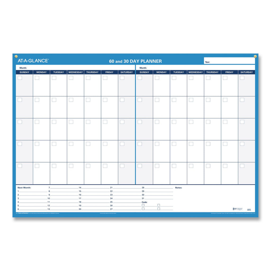 30/60-Day Undated Horizontal Erasable Wall Planner, 36 x 24, White/Blue Sheets, Undated