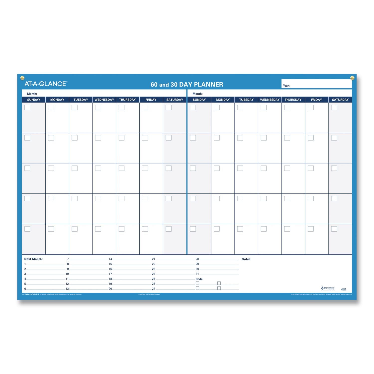 30/60-Day Undated Horizontal Erasable Wall Planner, 36 x 24, White/Blue Sheets, Undated