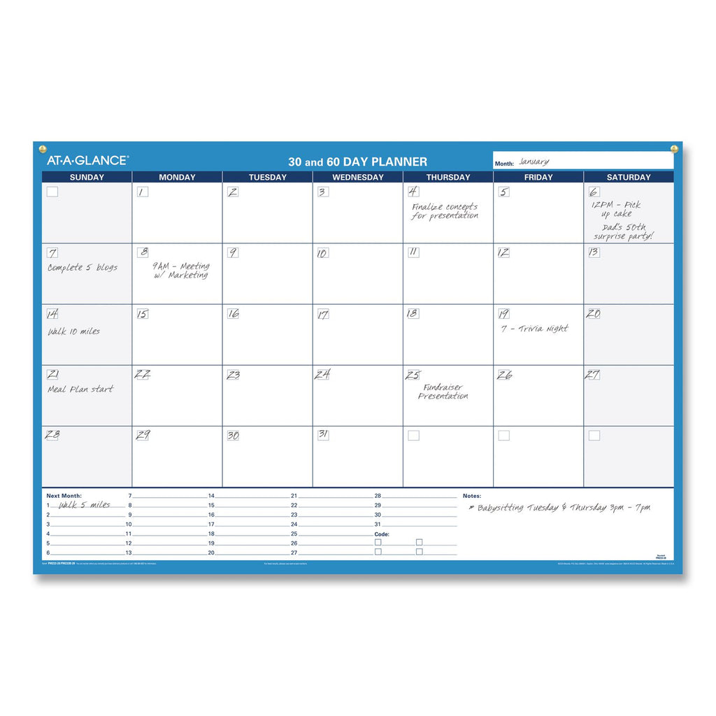 30/60-Day Undated Horizontal Erasable Wall Planner, 36 x 24, White/Blue Sheets, Undated