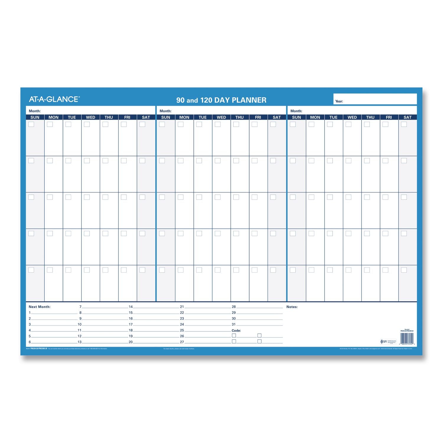 90/120-Day Undated Horizontal Erasable Wall Planner, 36 x 24, White/Blue Sheets, Undated