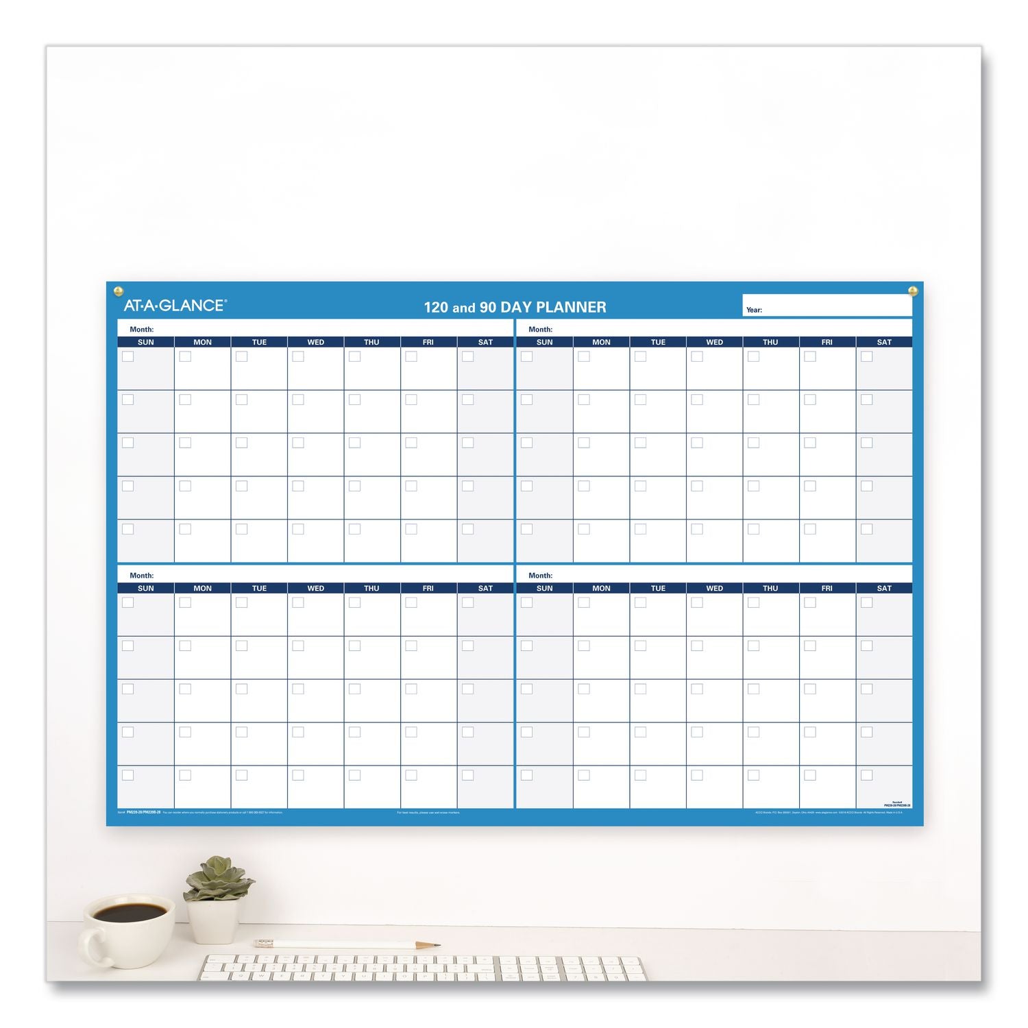 90/120-Day Undated Horizontal Erasable Wall Planner, 36 x 24, White/Blue Sheets, Undated