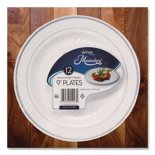 Masterpiece Plastic Plates, 9" dia, White/Silver, 10/Pack, 12 Packs/Carton