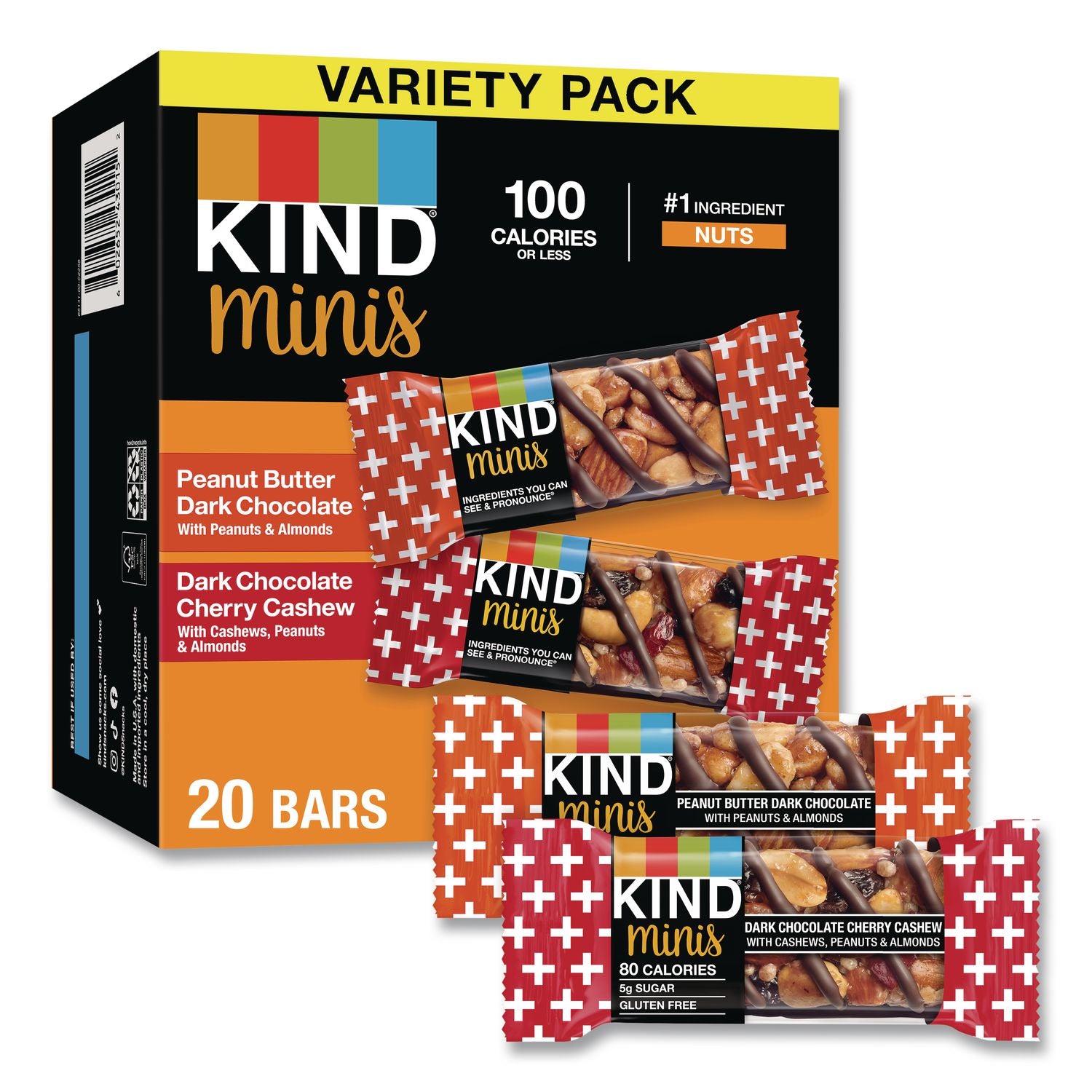 KIND Minis Snack Bar Variety Pack - Trans Fat Free, No Artificial Sweeteners, Gluten-free, Low Sodium, Low Glycemic - Peanut Butter Dark Chocolate, Dark Chocolate Cherry Cashew - 0.71 oz - 20 / Box