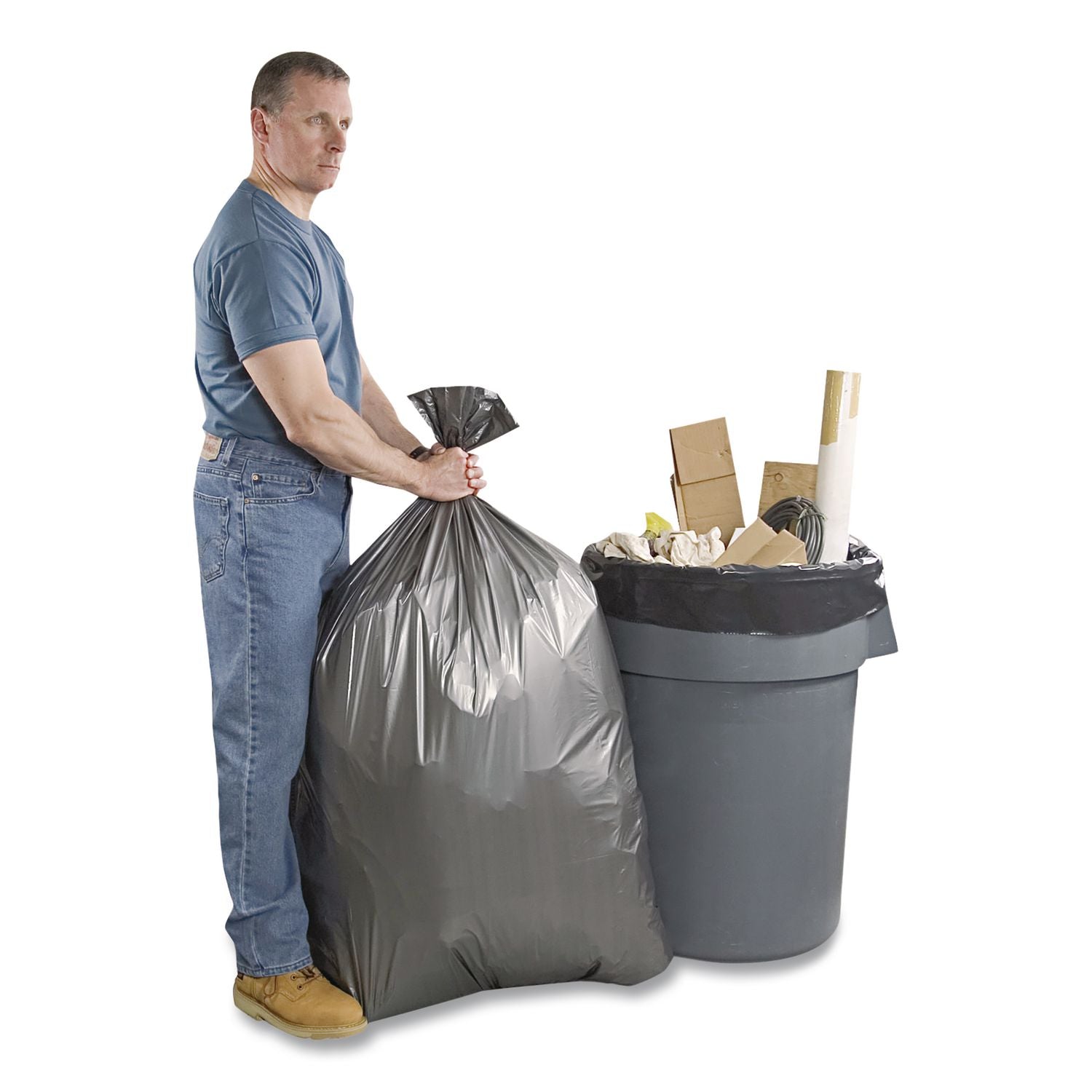 Can Liners, 56 gal, 1.55 mil, 43" x 48", Gray, 10 Bags/Roll, 5 Rolls/Carton